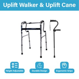 Carex Uplift Walker and Cane Combo, Folding Walker for Seniors with Uplift Walking Cane, Walking Cane for Women and Walking Cane for Men