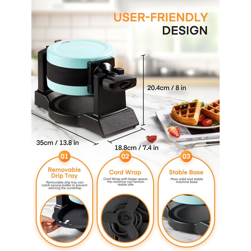 Waffle Maker, 1400W Double Belgian Waffle Iron 180° Flip, 8