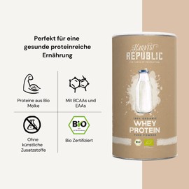 HARVEST REPUBLIC Organic Whey Protein Smoothie Powder, with 80% Protein Content for Muscle Building with Protein from Organic Whey, Rich in BCAAs and EAAs, Easy to Soluble, Perfect for Healthy Shakes and Smoothies, 400 g