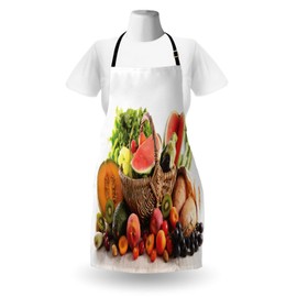 Ambesonne Fruits and Vegetables Apron, Basket Full of Various Garden Elements Healthy Nutrition Elements, Unisex Kitchen Bib with Adjustable Neck for Cooking Gardening, Adult Size, Multicolor