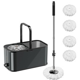 SWIFTIRON Spin Mop and Bucket with Wringer Set for Home,360° Mop and Bucket with Separate Clean and Dirty Water,Wet Dust Mop for Floor Cleaning with Extra Refills (Black)