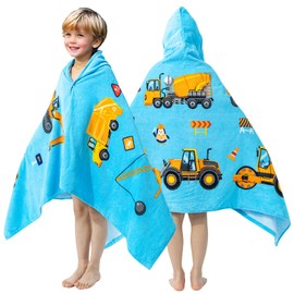 100% Cotton Hooded Towel for Toddlers 5-12 Years Boys Girls 60"x30" Extra Large Wearable Wrap Kids Bath Pool Beach Towel Soft Absorbent Beach Poncho(Construction Site XL)