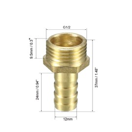 sourcing map Brass Barb Hose Fitting Connector Adapter 12mm Barbed x G1/2 Male Pipe 5pcs