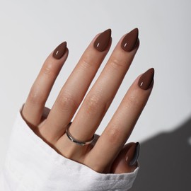 KQueenest Dark Brown Press On Nails Short - Acrylic Press On Nails Almond, Sheer Short Fake Nails Coffee Brown, Glossy Opaque, Stiletto Reusable Soft Gel Glue on Nails for Women, 30 Pcs