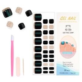 WOKOTO Semi Cured Gel Nail Strips For Toenails, 16 SIZE 32 TIPS Black & Blue Cat Eye Design Toe Nail Polish Strips With Nail File & Wooden Stick, Works With Lamps, Salon-Quality, Long Lasting