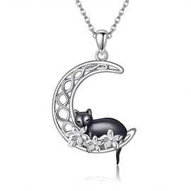 URONE Cat Necklace 925 Sterling Silver Cat Moon Pendant Necklace Cat Jewellery Gifts for Women Girls, Sterling Silver, No Gemstone