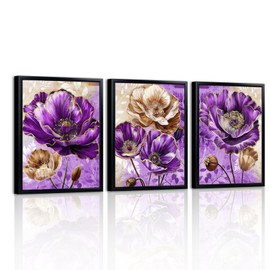 LevvArts Framed Floral Canvas Wall Art Set of 3 Poppy Flowers Paintings Green and Brown Bathroom Decor (Purple)