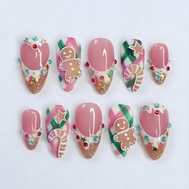 Christmas Press on Nail Cute Fake Nails Almond Shape with Candy Cane Gingerbread Man designs Acrylic False Nails Full Cover 3d Pink Glue on Nails Glossy Nail Decorations for Women Holiday24pcs