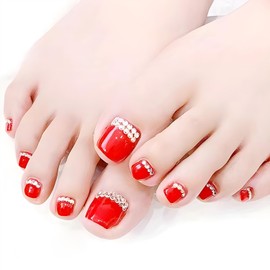 FIEONCIY Press on Toenails with Designs Acrylic Fake Nails for Toe Artificial False Nails with Charms Glue on Toe Nails for Spring Summer Stick on Toenails for Women Girls(JZ006)