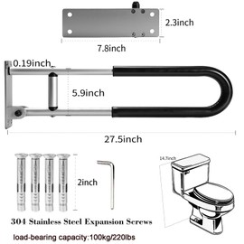 DITOSH Toilet Grab Bar 28 Inch Flip Up Aluminum Handicap Rails Grab Bars Toilet Rail Bathroom U Shaped and Wall Mount Safety for Seniors Elderly Disabled Pregnant Injured Patients