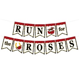 LOONELO Kentucky Derby Bunting Banner – Run for the Roses Party Cardstock Garland with Roses & Horse Shoe Signs – Derby Day Horse Racing Wall Decorations for Mantle, Fireplace, Party Supplies
