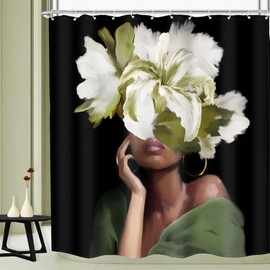 MESHELLY Black Girl Shower Curtain 72Wx72H Green Floral African American Bathroom Curtain Vintage White Flower Black Woman Afro Lady Bath Curtain Cloth Fabric Bathroom Accessories Decor with 12 Hooks