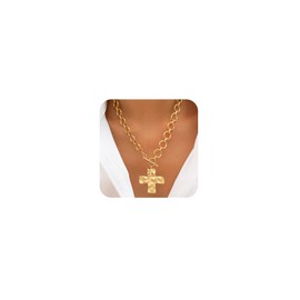 CHESKY Chunky Gold Necklace for Women, Trendy 14K Gold Plated Hammered Bold Cross Pendant Necklace Thick Chain Necklace Toggle Necklaces Non Tarnish Jewelry