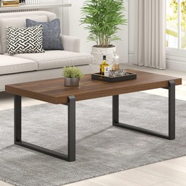 FOLUBAN Modern Coffee Table, Rustic Wood and Metal Center Table, Industrial Rectangle Cocktail Tea Table for Living Room, Walnut, 44 Inch