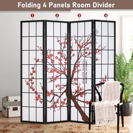 FDW Room Divider 6Ft Folding Privacy Divider 4 Panel Oriental Shoji Screen Wall Divider Wood Divider Portable Freestanding Partition Screen,White