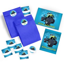 JuNa-Experten 10 Invitation Cards for Children's Birthday Monster Truck/Monster Truck/Car/Invitations Birthday for Boys Including 10 Envelopes, 10 Bags/Dark Blue, 10 Stickers