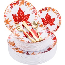 Liacere 150PCS Thanksgiving Plastic Plates-Fall Plates-Thanksgiving Plates Include 30 Dinner Plates, 30 Dessert Plates,30 Gold Forks, 30 Gold Spoons, 30 Gold Knives Perfect for Thanksgiving