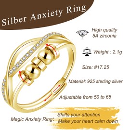 Bewenda Silber Anxiety Ring, 925 Sterling Silber Angst Ringe für Frauen Damen, Gold Bead Spinner Fidget Ring mit Zirkon, Verstellbar Offen Anti Stress Ringe, Unendlichkeit Stimmungsring mit 5 Perlen