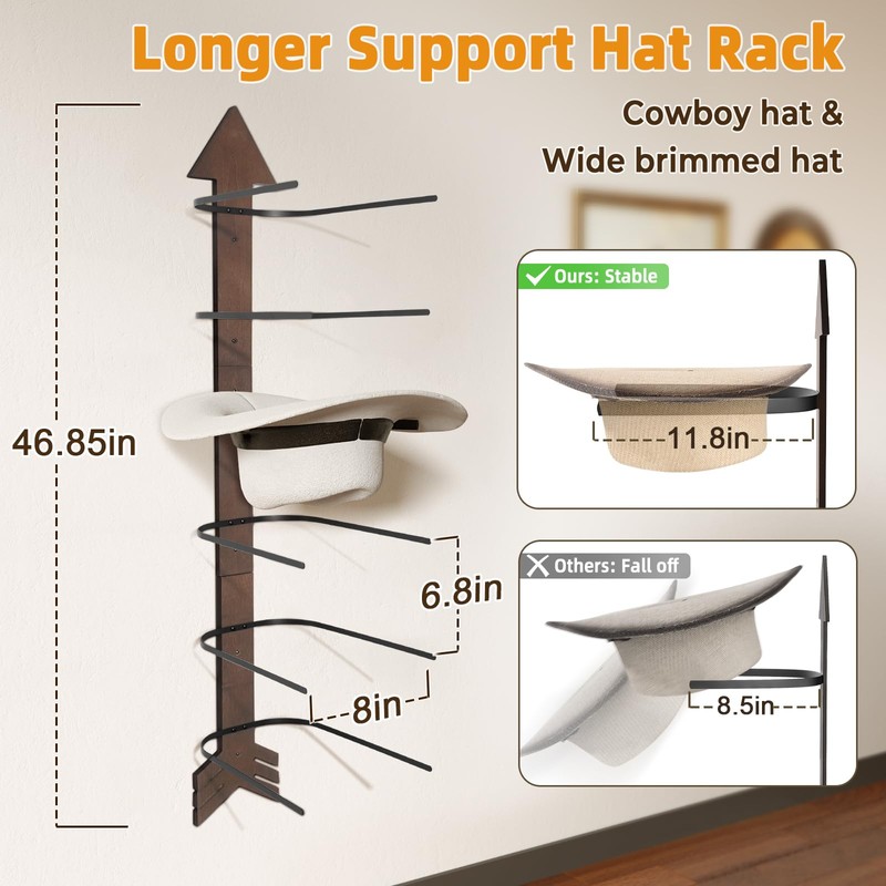 Cowboy Hat Rack Wall Mount, Solid Wood Arrow Design 6
