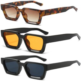 Retro Square Sunglasses for Women Men 90s Chunky Rectangle Shades UV400 Protection Trendy Vintage Style Driving Travel 8073 Black+Black/Yellow+Leopard
