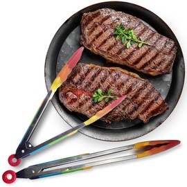 Kitchen Discovery Stainless Steel Tongs Lightweight & Durable Kitchen Tongs for Serving, Parties and Events, Dishwasher-Safe Metal Serving Tongs for Salads (Rainbow Silicone Kitchen Tongs)