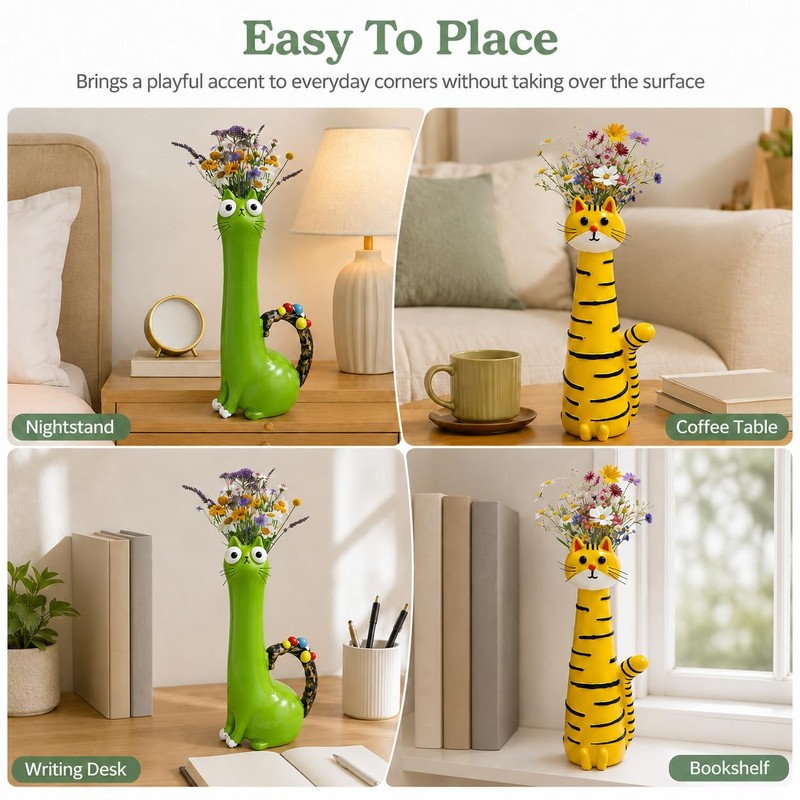 2 Pcs Quirky Cat Vases, Whimsical Resin Kitty Flower Vases,