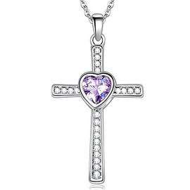 Jude Jewelers Stainless Steel Heart Shape Birthstone Cross Pendant Necklace (Feb-Amethyst)