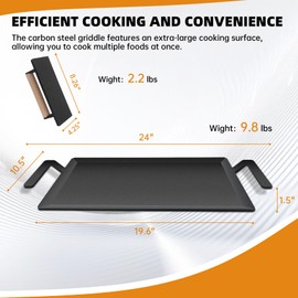 Carbon Steel Griddle Pan, Double Burner Flat Top Grill Plate for Stove Top, Gas Grill, Induction & Oven, Pre-Seasoned Nitride-Treated Surface, 1200°F Heat Safe, with Grill Press & Gloves
