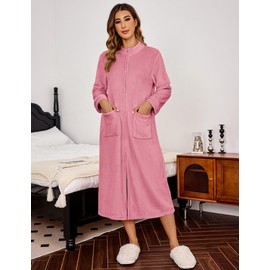 Ekouaer Women Zipper Robe Fleece Long Sleeves Bathrobe Sleepwear Warm Soft Housecoat with Pockets Zip Up House Dresses