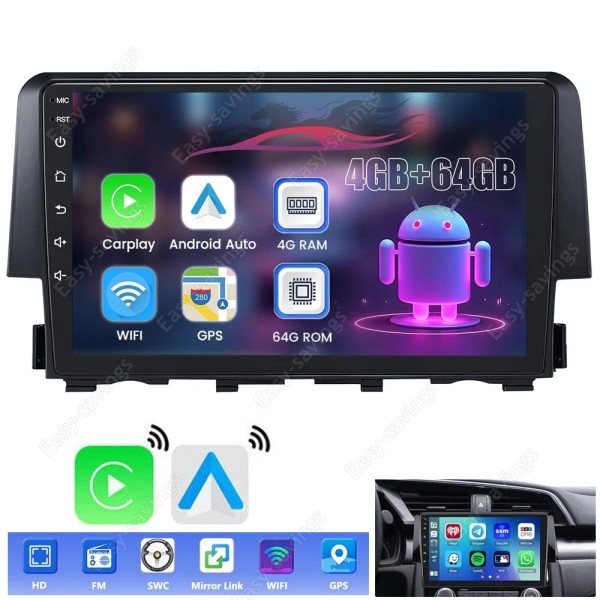 For 2016-2020 Honda Civic 64G Carplay 9" Car Radio GPS