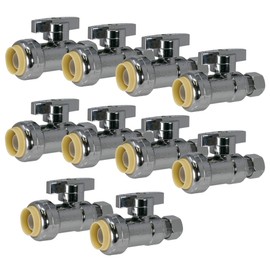 PROCURU 10-Pack PushFit Straight Stop Valve 1/2" Nom x 3/8" OD Compression, Quarter-Turn ON/Off for Faucet, Toilet- Shut Off Valve- Lead Free Certified (10-Pack)