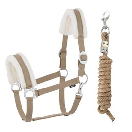 JA Horse Faux Fur Halter Lead Rope Set with Snap Hook Adjustable Horse Halter Horse Wooden Horse Tie Rope (Faux Fur Snap Hook Khaki, Cob)