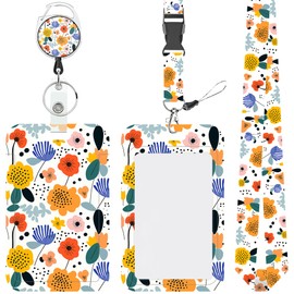 Lanyards for ID Badges Vintage Abstract Flowers Retractable Badge Holder Removable Lanyard Keychain Vertical ID Protective Holder for Nurse Teacher Student Office