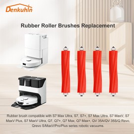Denkuhin Main Brush Replacement for Roborockes S7 Series, Q7,Q7+, Q7 Max, Q7 Max+, Q Revo, Qrevo S/MaxV/Pro/Plus, QV 35A/35S Robot Vacuum, Rubber Anti-Tangle Roller Brush (4/Pack)