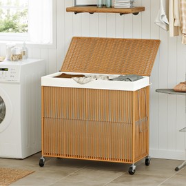 WOWLIVE Laundry Hamper with Wheels, 160L Handwoven Rolling Laundry Basket 3 Section with Lid, Clothes Hamper with Removable Liner Bags, Large Capacity Laundry Sorter Laundry Room Organization, Natural