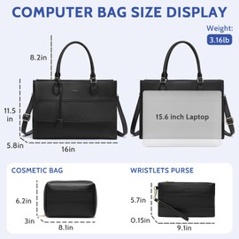 Keyli 3pcs Sets Laptop Bag for Women,15.6 Work Tote Bags Waterproof Leather Business Computer Briefcase with Clutch Purses Casual Shoulder Handbag Messenger Bag for Travel Office Black