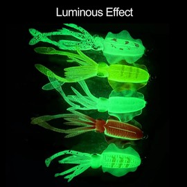 Odoor Fan 5 Pack Squid Lures with Jig Hooks with Tackle Box, Luminous Soft Squid Jig fising Lures, Saltwater Trolling Squid Bait with Jig Head for Bass Trout Pike, 6.5in 1oz Mixed Color