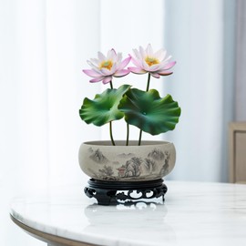 Lotus Bowl Planter - Ceramic Pots for Plants with Stand for Hydroponic Water Lilies & Bonsai Trees, Bonsai Pots Indoor/Outdoor Décor - Zen Garden & Home Art Display (Grey, Small)