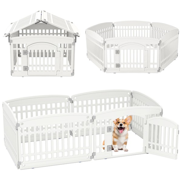 PETSITE 6-Panel Plastic Dog Playpen with Door, Shape-Customizable Pet Playpen
