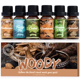 SNOWSEN Woody Essential Oil Set, 6 Pure Wood Scents - Frankincense, Cedar, Sandalwood, Agarwood, Frosty Fir, Bamboo & Teak Essential Oils for Diffusers, Humidifiers, Cleaning, DIY Soaps & Candles
