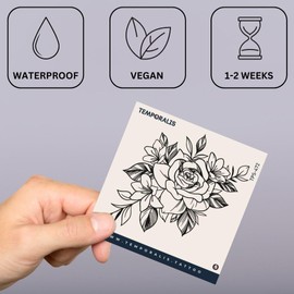 Fake Tattoo Rose – Temporalis® | Temporäre Tattoos für Erwachsene – EU-zertifizierte Kosmetik, vegan & wasserfest – Hält 1 bis 2 Wochen [ Blumenkomposition ]