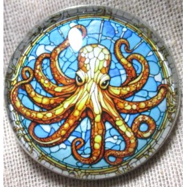 GLASS DOME PICTURE "STAINED GLASS " LRG OCTOPUS IN BLUE WATER BUTTON  30mm