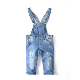 KIDSCOOL SPACE Little Girl Boy Jean Overalls,Toddler Ripped Denim Cute Slim Pants,Light Blue,18-24 Months
