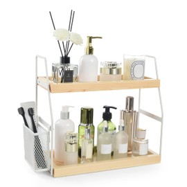 Bathroom Counter Organizer, 2-Tier Standing Storage Shelf with Basket, Wood Tray for Skincare Vanity Organizer(White)
