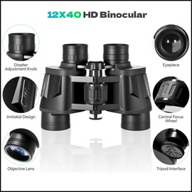 12x40 HD Binoculars for Adults and Kids High Powered, Clear Large View & Low Light Night Vision, Waterproof Binoculars for Hunting, Birds Watching, Cruise Ship, Theaters, Travel and Stargazing