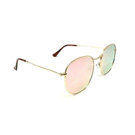 Dweebzilla Classic Metal Wire Frame Round Aviator Sunglasses w/Flat Lenses (Gold & Tortoise Frame, Pink Flash Lenses)