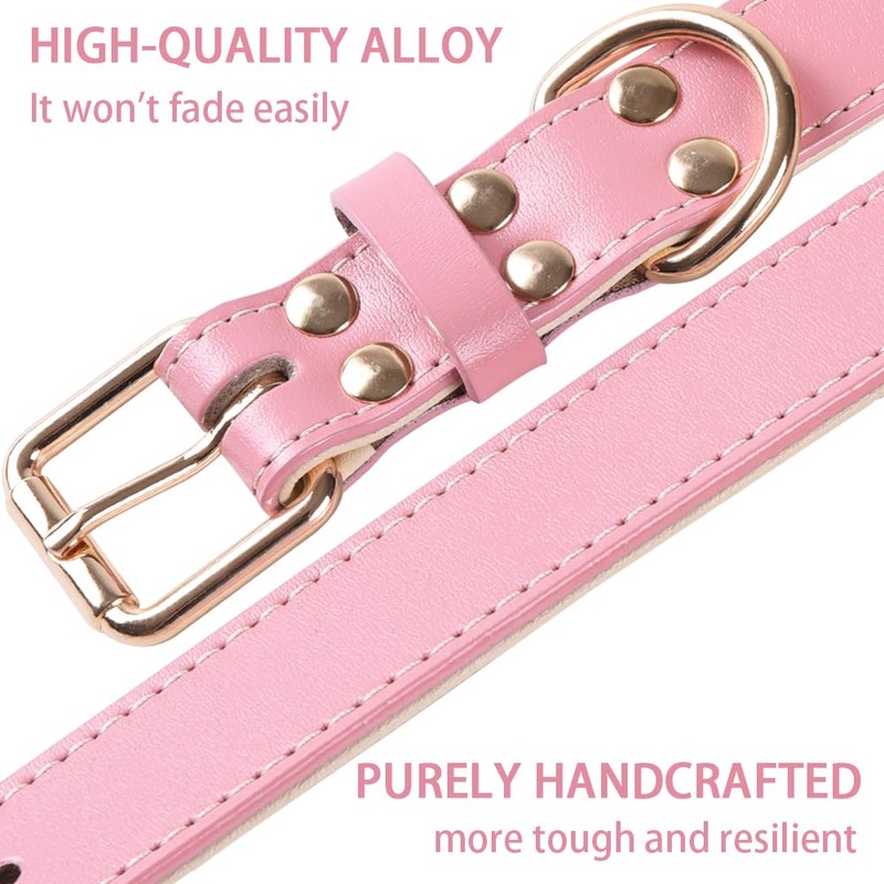 Pink Leather Dog Collar，Padded Collars, Adjustable Soft Strong Design for