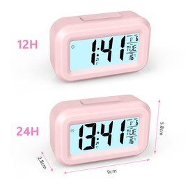 Vicloon Digital Alarm Clock Bedside, LED Display Clocks with Adjustable Snooze 12/24Hr,Temperature, Date,Timer, Light control Portable Alarm clocks for Bedroom Home Office Kitchen（Pink）