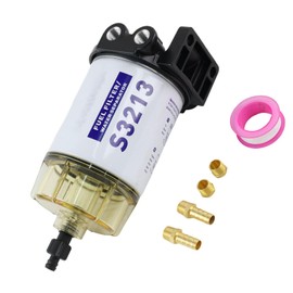 Marine Fuel Water Separator Filter S3213 with Clear Bowl – Direct Compatible with Yamaha 35-60494-1 & Mercury 18-7932-1 | 3/8" Barb x 1/4" NPT Fittings, PTFE Tape
