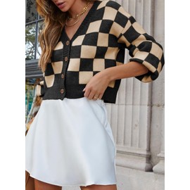 Dokotoo Teacher Outfits for Women Plaid V Neck Cardigan Sweaters Cropped Checkered Sweater Cute 2025 Fall Fashion Button Up Lightweight Winter Coats for Women Clothes Apricot M